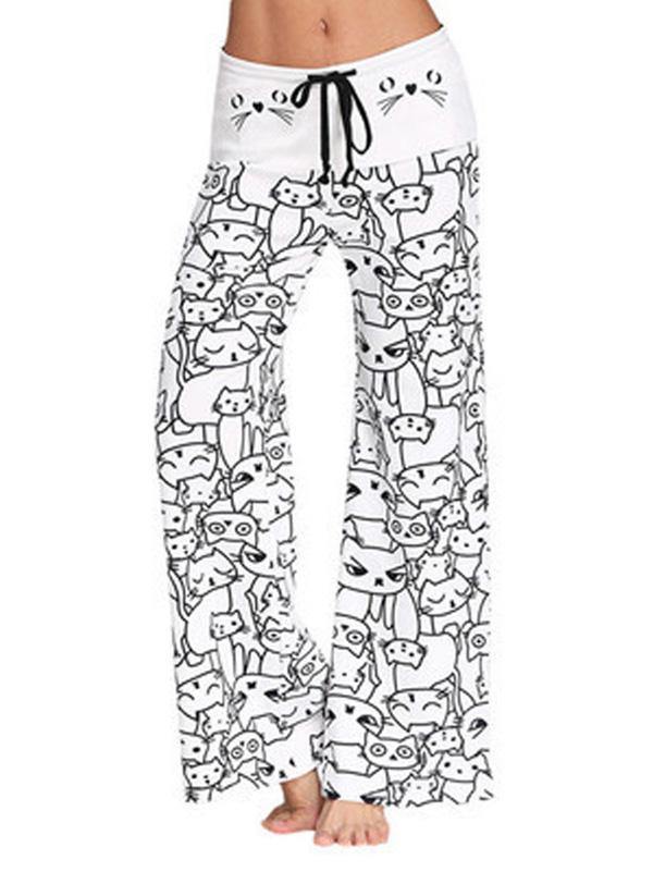 Women's Casual Loose Cartoon Cat Flared Pajamas Pants - CHALIER