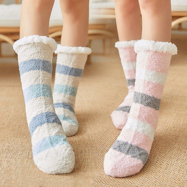 Womens Winter Super Warm Slipper Fuzzy Cozy Socks Family Non-Slip Grip Socks 2 Pairs Socks Set - CHALIER