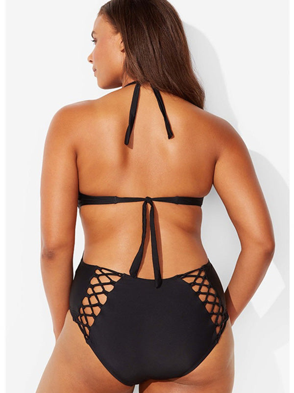 Women's Sexy Plus Size Halter Lace Up One-Piece Swimsuit