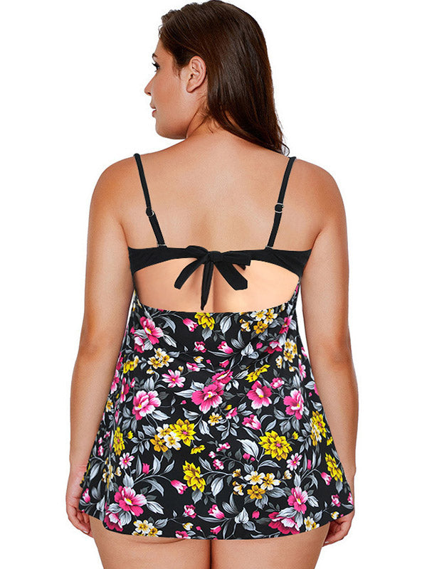 Women's Floral Prints Plus Size Swimsuits Backless Tankini Set