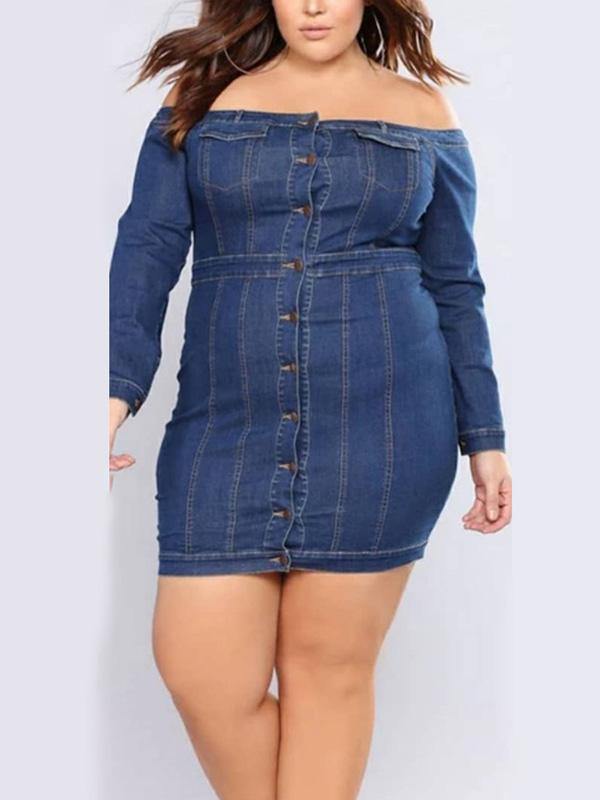 Women's Sexy Casual Denim Bodycon Dress Off Shoulder Long Sleeve Sheath Dress Plus Size - CHALIER