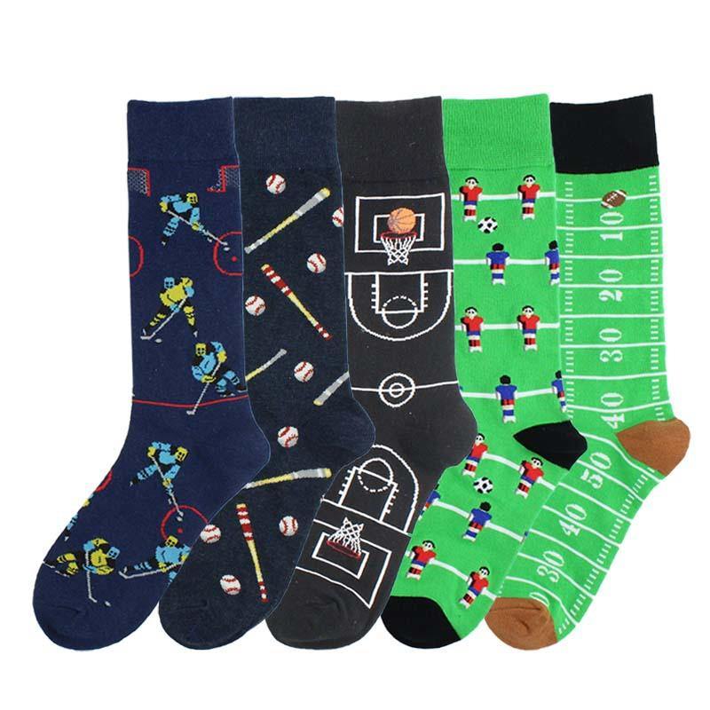 Fashion Cotton Socks Men Funny Sports Casual Crew Socks Football Basketball Rugby Baseball 5 Pairs - CHALIER