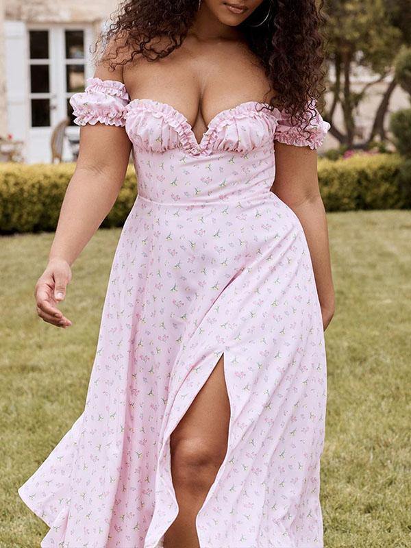 Women's Floral Print Elegant Sexy V-Neck Off Shoulder Dress A-line Pink Split Skirt - CHALIER