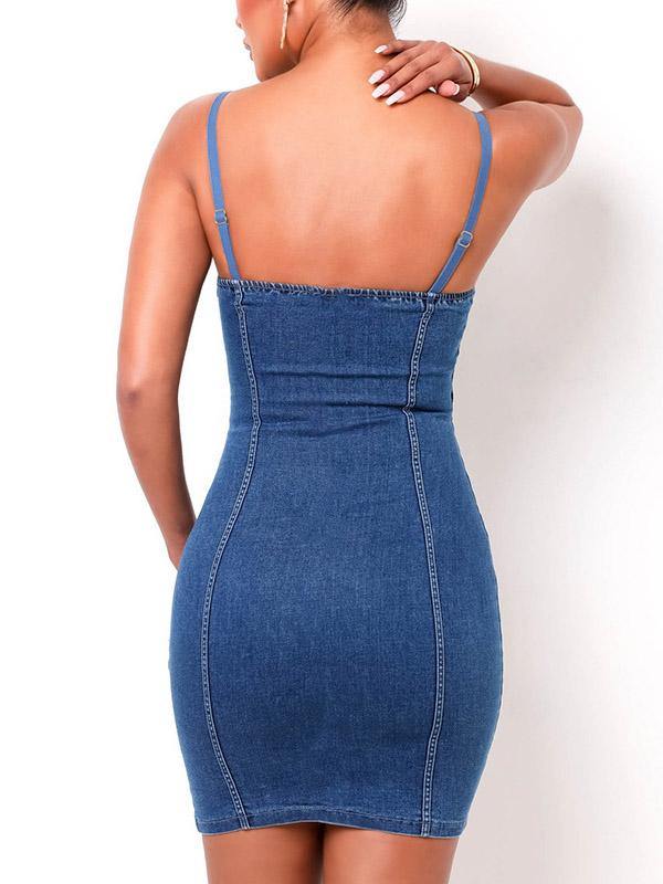 Women's Sexy Casual Denim Bodycon Slip Dress with Chest Pad and Rims Sheath Dress - CHALIER