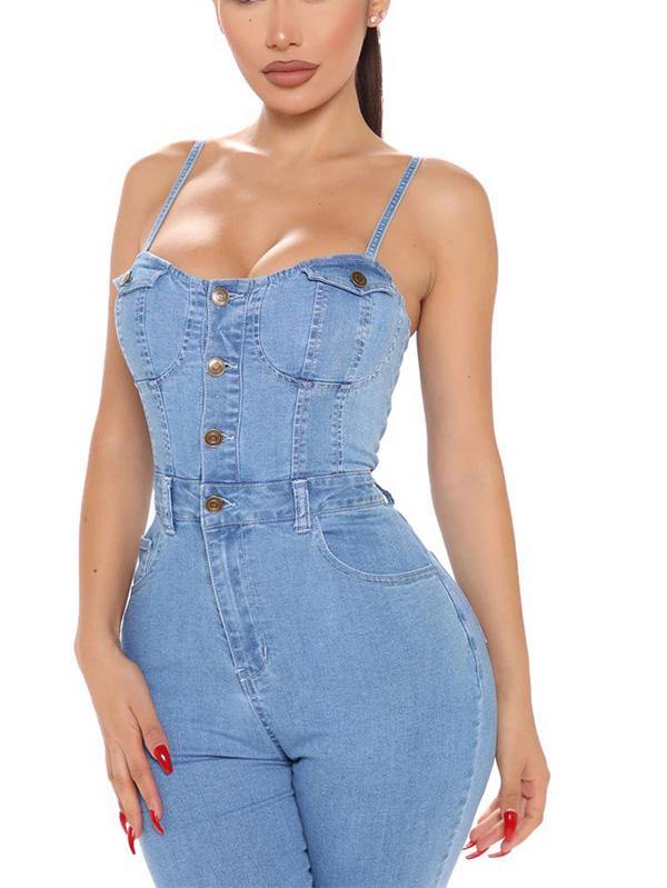 Women's Sexy Casual Tight Denim Sleeveless Gallus Jumpsuit - CHALIER