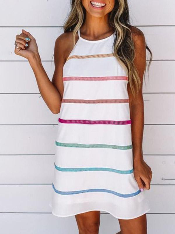 Women's Cotton Casual Rainbow  Pinstripe Midi Slip Dress - CHALIER