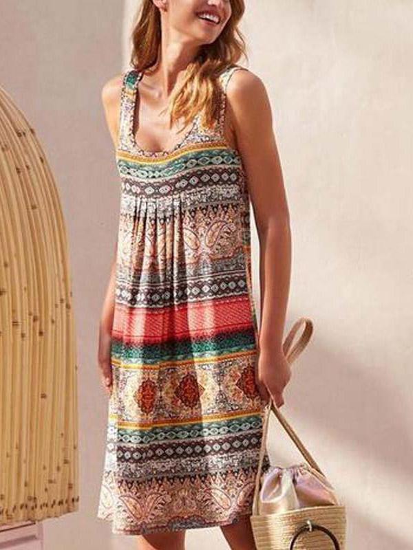 Women's Floral Print Polka Dots Sleeveness Crew-neck Vest Dress Holiday Plus Size - CHALIER