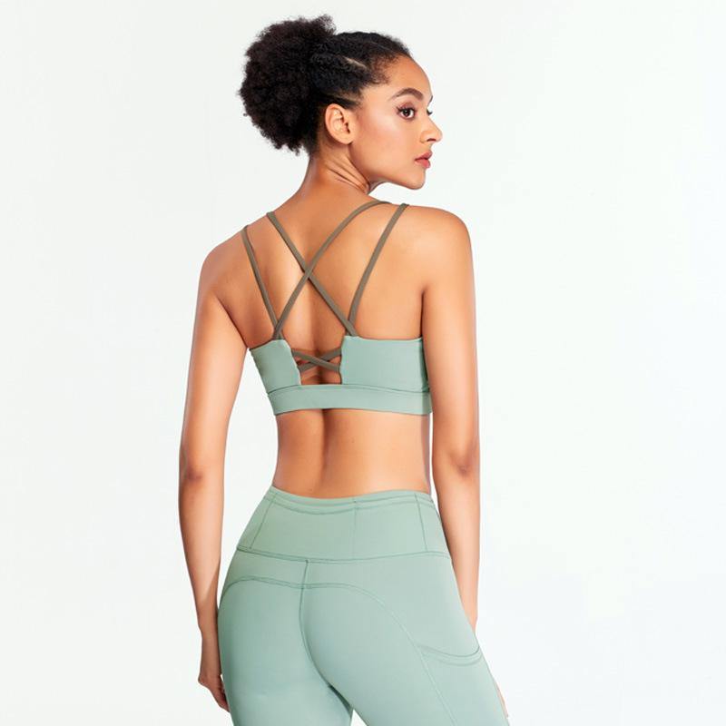 Women Sports Bra Criss-Cross Padded Bra Yoga Fitness Workout Running Top Set Leggings Tight - CHALIER