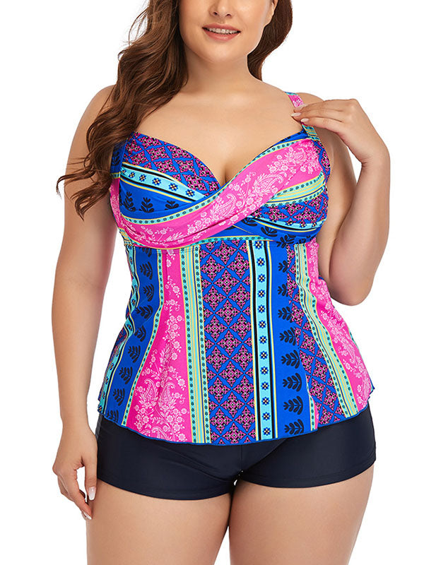 Plus Size Swim Dress Tankini Two-Piece Swimsuits Floral Prints