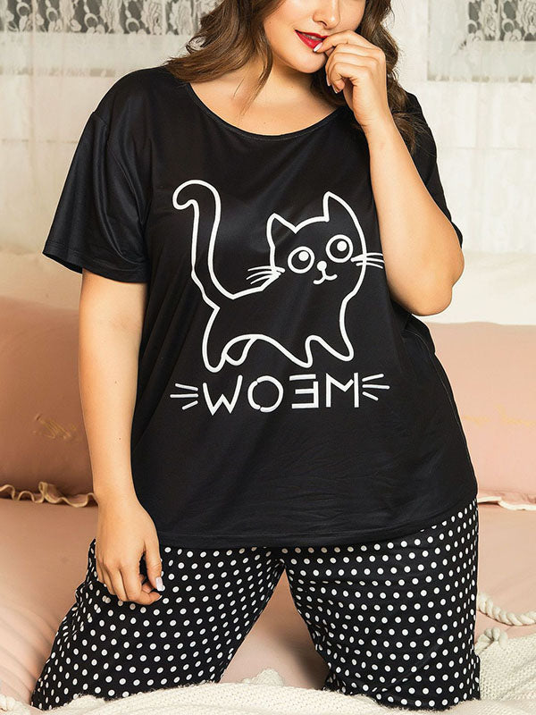 Women's Plus Size Cartoon Loungewear Cute Animals Black Pajamas Short Sleeve