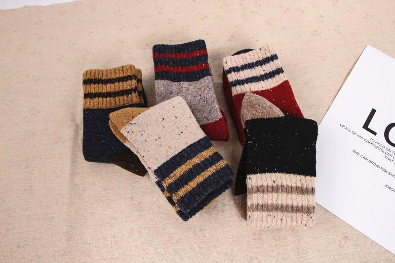 Womens Winter Wool Warm Thick Stripe Socks Fashion Solid Color Socks Set 5 Pairs - CHALIER