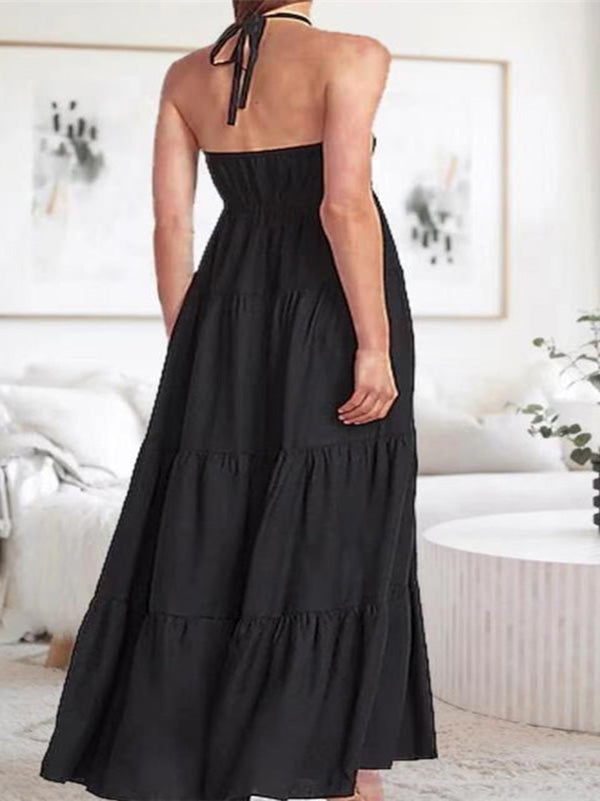 Women's Black Halter Maxi Dress Lace Up Solid Color