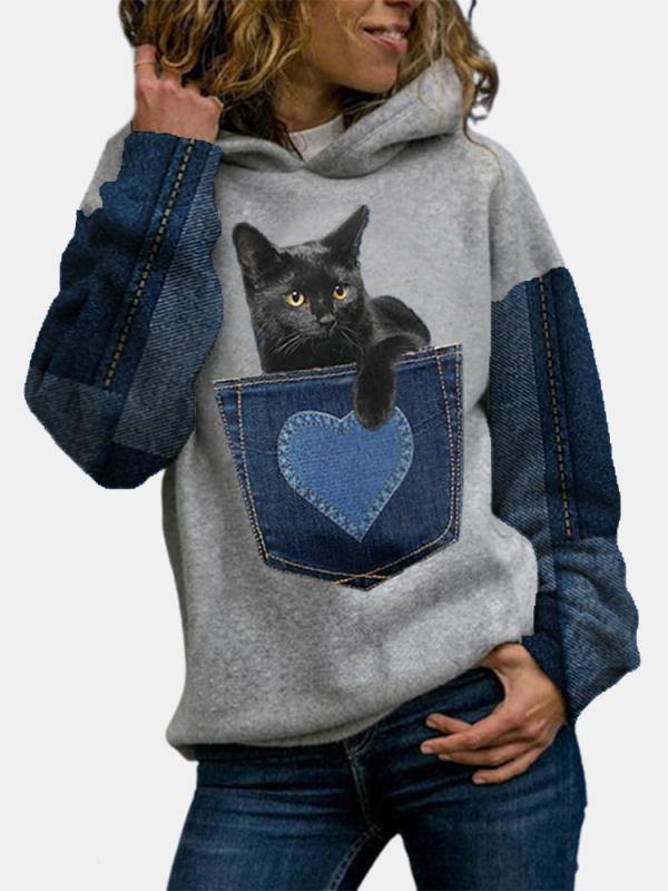 Women Cat Casual Cotton-Blend Hoodie Sweatshirt - CHALIER