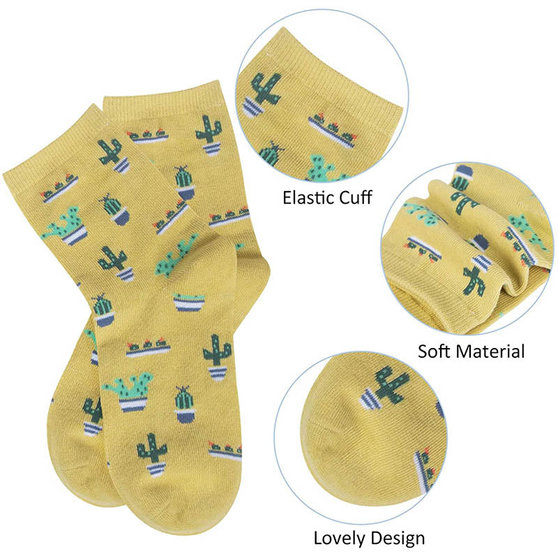 Womens Socks Cactus Print Cartoon Cotton Socks 5 Pairs Gift