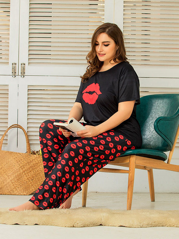 Women's Plus Size Loungewear Cute Red Lips Pajamas Short Sleeve Pants