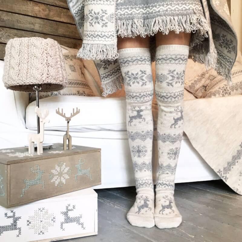 Women Winter Thigh High Thick Woolen Socks Snowflake And Elk Pattern Winter Warm Socks - CHALIER