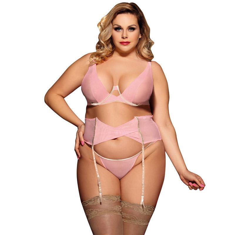 Women's Plus Size Sexy Pink Bra Thigh High Socks Garter Belt Transparent Lingerie Suit - CHALIER