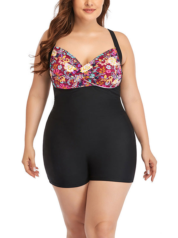 Plus Size Floral Prints Swimsuits Womens One Piece Boxers Lace Up Bikini