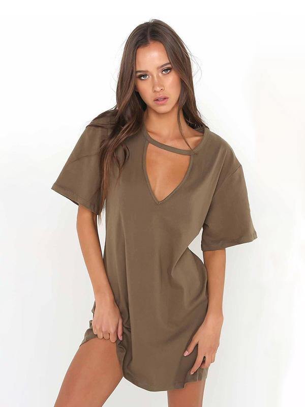 Women's Tee Dress Short Sleeve Loose V-neck T-shirt Mini Dresses Plus Size - CHALIER