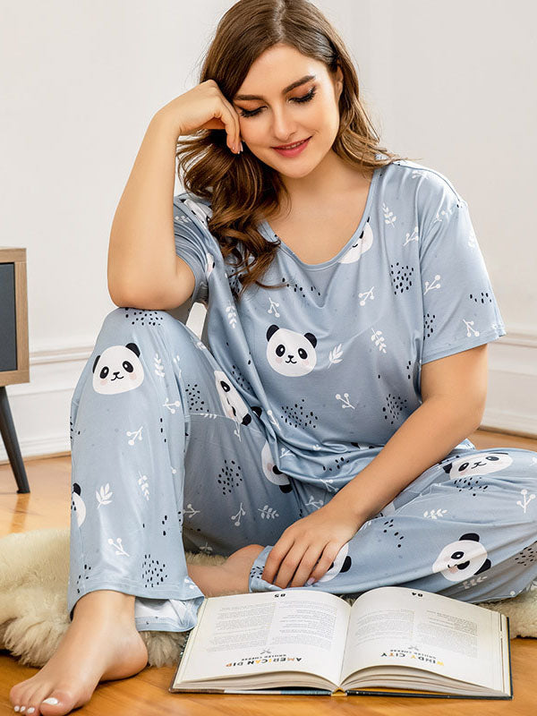 Women's Casual Plus Size Pajamas Cute Animals Lingerie Two-Piece Set Blue Pandas