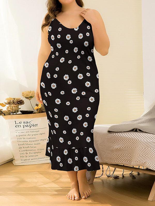 Women's Plus Size Sexy Halter Night Gowns Floral Prints Sleep Maxi Slip Dress