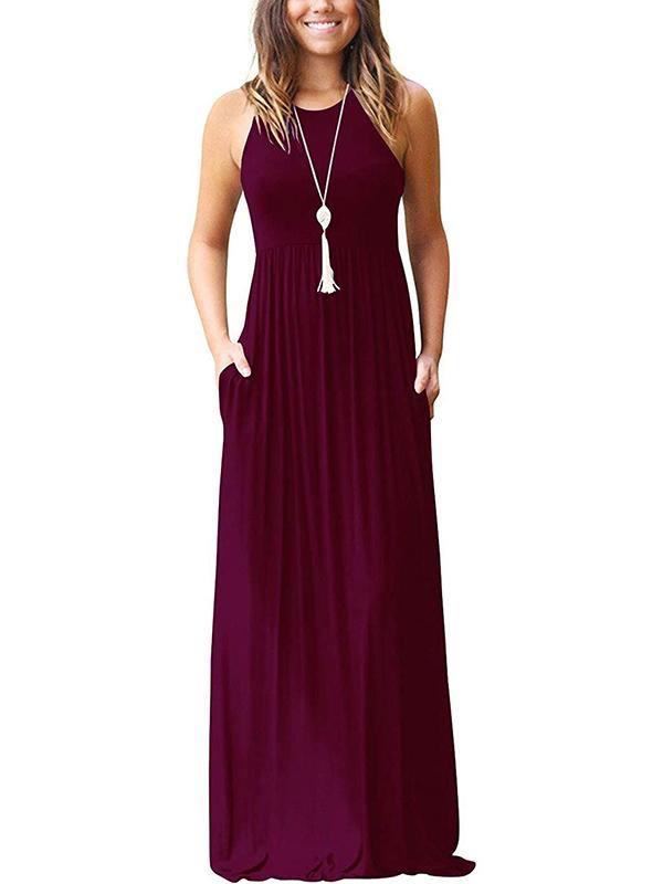 Women's Vest Beach Maxi Dress Sexy Pocket Soft Round-neck Dress - CHALIER