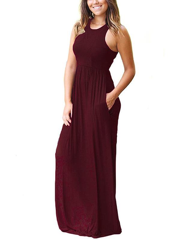 Women's Vest Beach Maxi Dress Sexy Pocket Soft Round-neck Dress - CHALIER