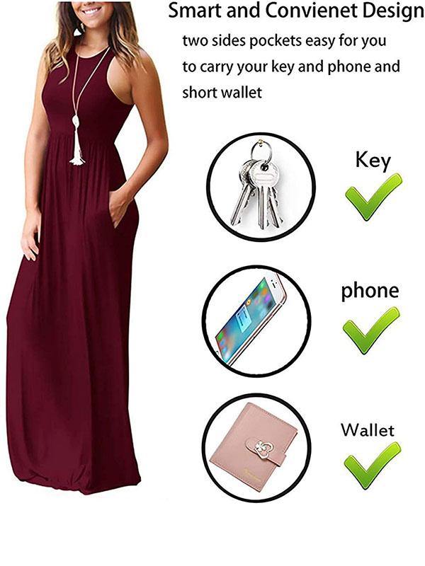 Women's Vest Beach Maxi Dress Sexy Pocket Soft Round-neck Dress - CHALIER