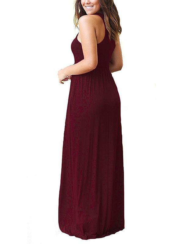 Women's Vest Beach Maxi Dress Sexy Pocket Soft Round-neck Dress - CHALIER