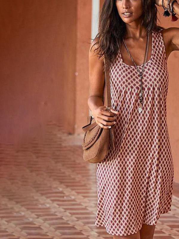 Women's Floral Print Polka Dots Sleeveness Crew-neck Vest Dress Holiday Plus Size - CHALIER