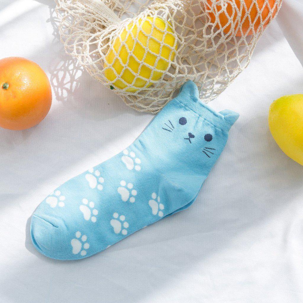 Womens Cotton Cartoon Cute Cat Ears Socks Set 5 Pairs - CHALIER