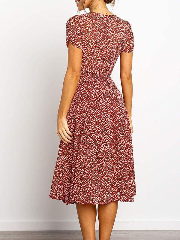 Women's Elegant Floral Printed V-neck Short-sleeved Midi Dress - CHALIER