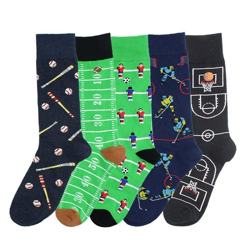 Fashion Cotton Socks Men Funny Sports Casual Crew Socks Football Basketball Rugby Baseball 5 Pairs - CHALIER