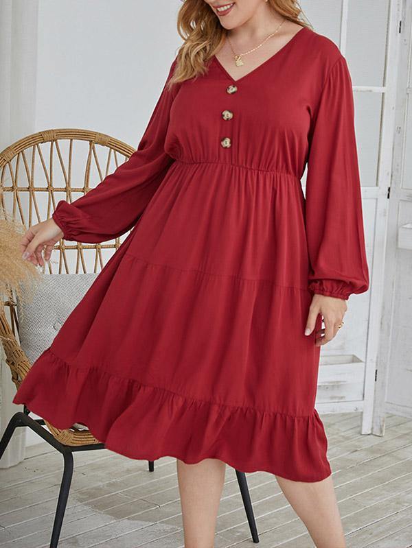 Women's Plus Size Solid Color Loose V-neck Long-sleeved Midi Dress - CHALIER