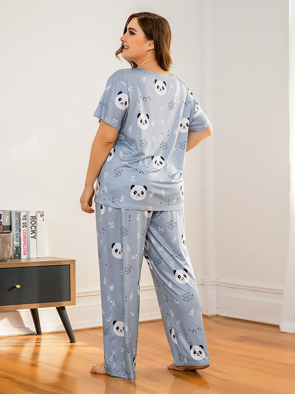 Women's Casual Plus Size Pajamas Cute Animals Lingerie Two-Piece Set Blue Pandas