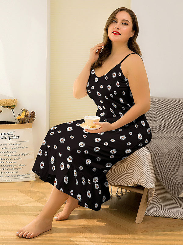 Women's Plus Size Sexy Halter Night Gowns Floral Prints Sleep Maxi Slip Dress