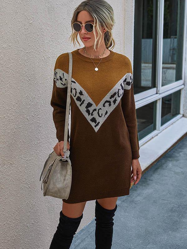 Women's Knitted Dress Leopard Print Round-Neck Long Sleeve Dress - CHALIER