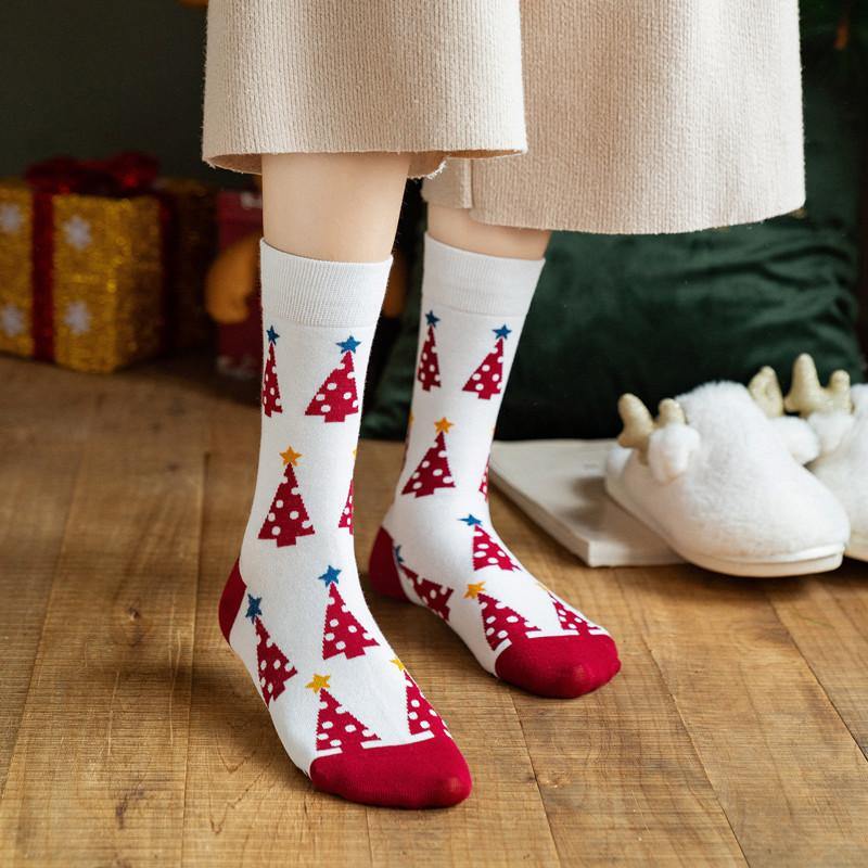 Womens Christmas Pattern Jingle Bell Tree Happy Fashion Cute Crew Socks 4 Pairs - CHALIER