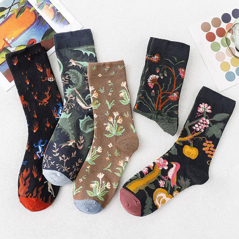 Womens Vintage Ink Wash Painting Crew Socks 5 Pairs - CHALIER