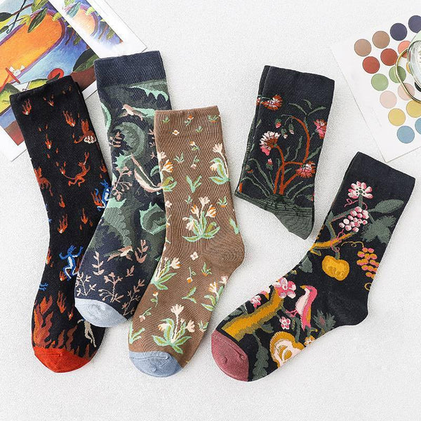 Womens Vintage Ink Wash Painting Crew Socks 5 Pairs - CHALIER