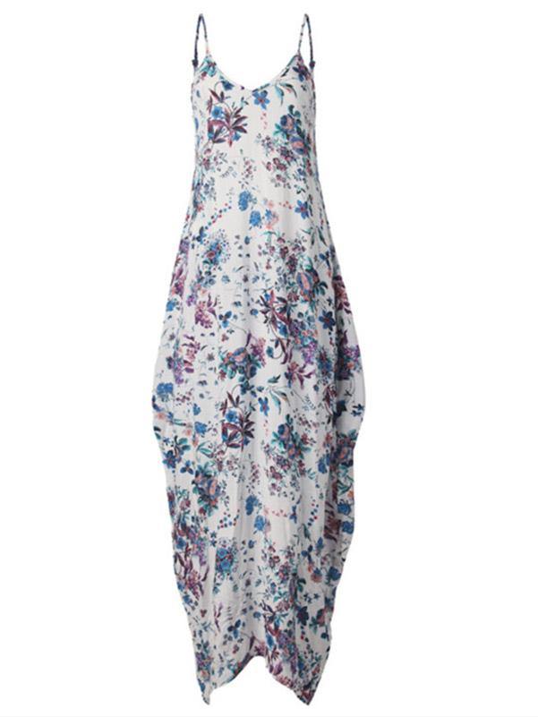 Women's Cotton Floral Printed Loose Sleeveless Maxin Slip Dress Plus Size - CHALIER