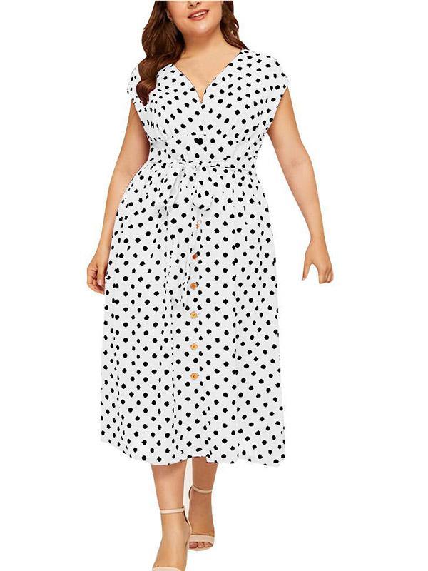Women's Plus Size V-Neck Polka Dot A-line Dress - CHALIER
