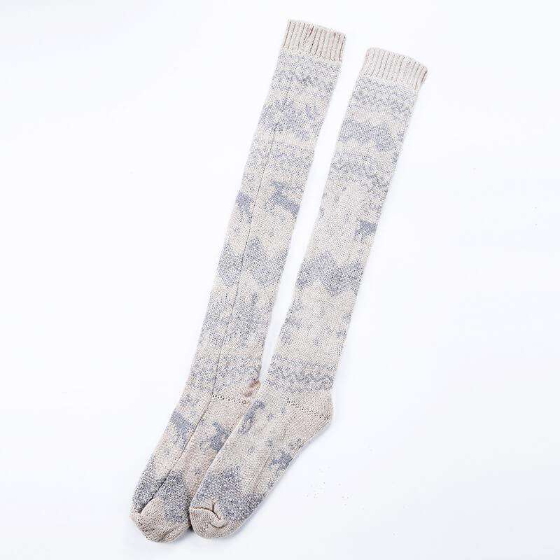Women Winter Thigh High Thick Woolen Socks Snowflake And Elk Pattern Winter Warm Socks - CHALIER