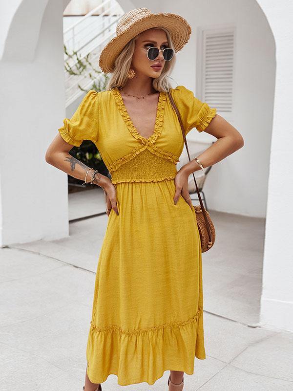 Women's Casual V-Neck Holiday A-line Beach Midi Dress - CHALIER