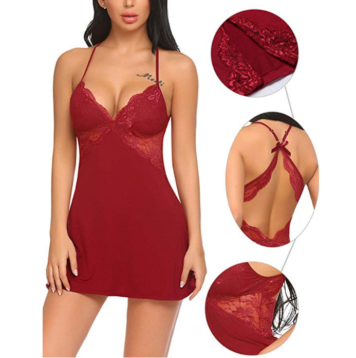 Floral Lace Lingerie Sexy Chemise for Women Babydoll Backless Sleepwear