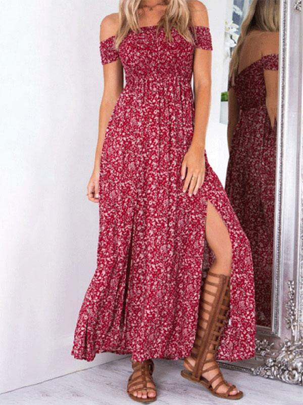 Women's Sexy Floral Print Off Shoulder Maxi Split Dress High Waist - CHALIER