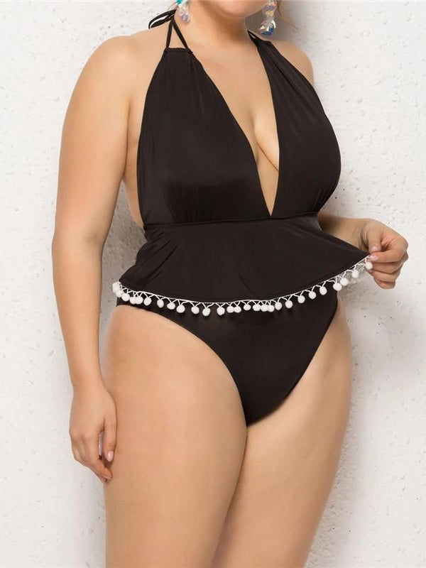 Plus Size One-piece Swimsuit Tassel Ball Backless Deep V-Neck Halter Swimwear