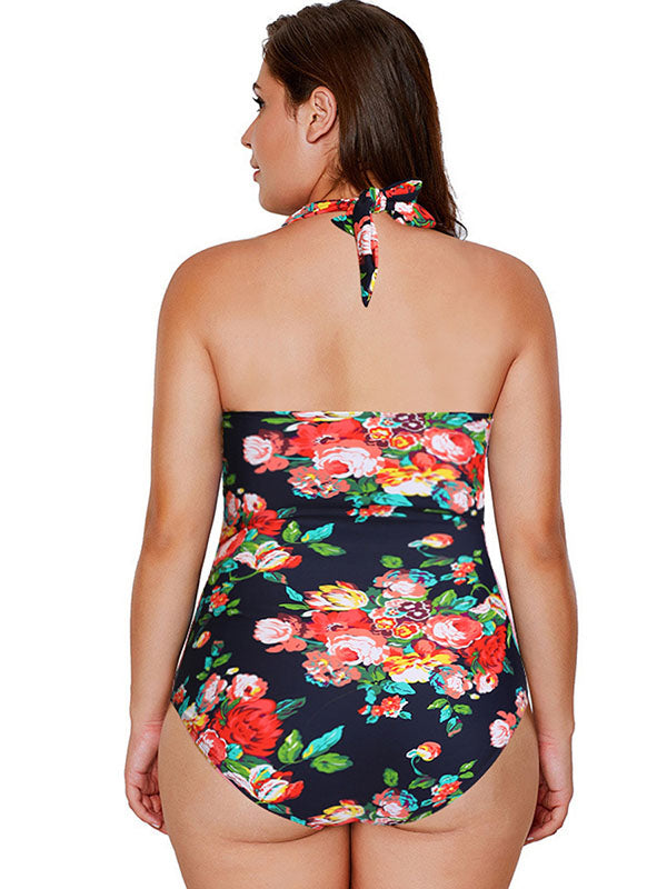 Women's Plus Size Swimsuits Floral Print Halter One Piece