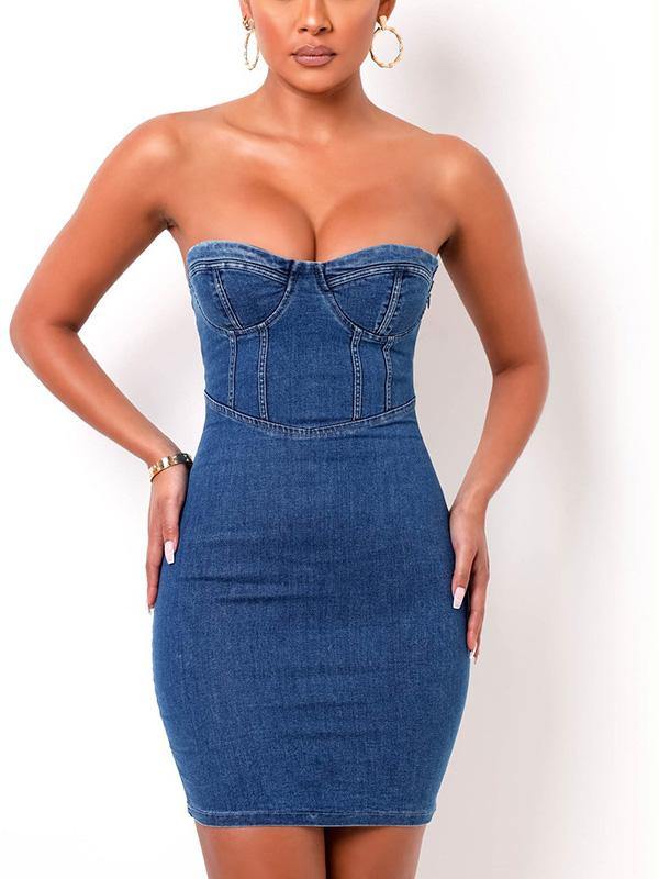 Women's Sexy Casual Denim Bodycon Slip Dress with Chest Pad and Rims Sheath Dress - CHALIER