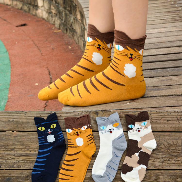 Womens Cute Stretch Breathable Funny Socks Soft Warm Animals Crew Socks Cat Pattern 4 pairs - CHALIER